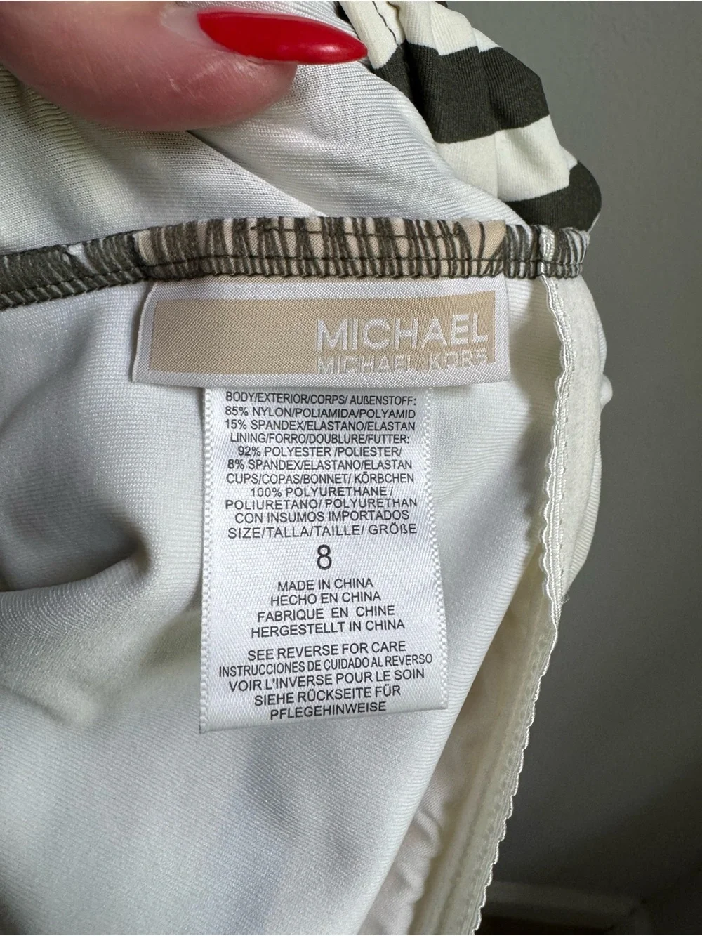 Michael Kors Olive Green & White Striped One-Shoulder One-Piece Swim